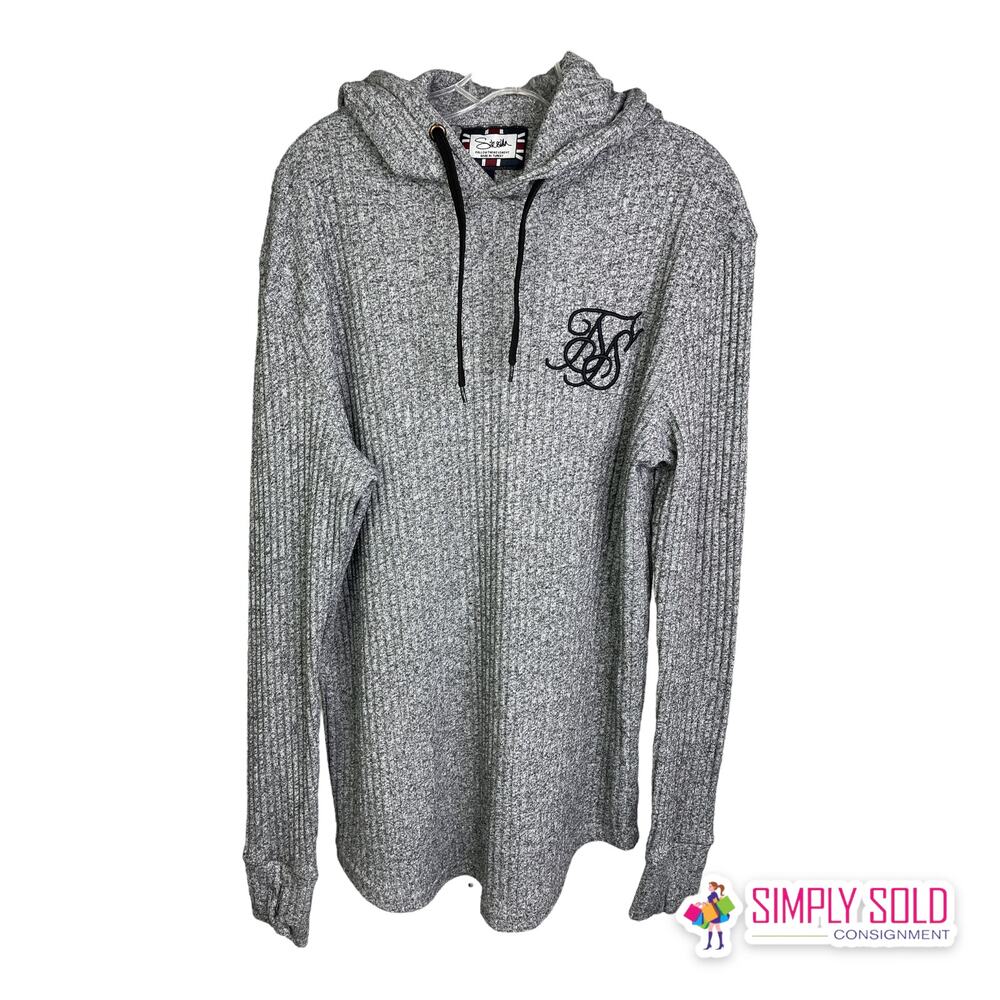 SikSilk Men's Sweatshirt Hoodie Rib Knit Curved Hem Heather Gray Pullover Size L